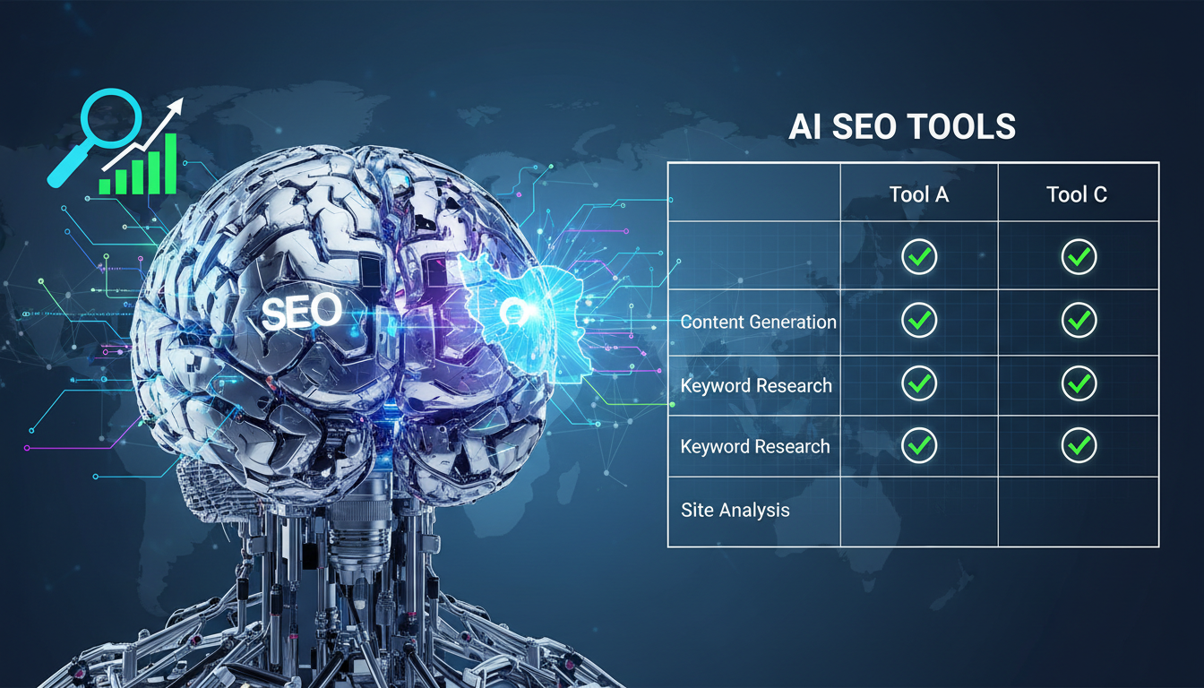 A comparison table highlighting features of different AI SEO tools, showing checks for content generation, keyword research, and site analysis.